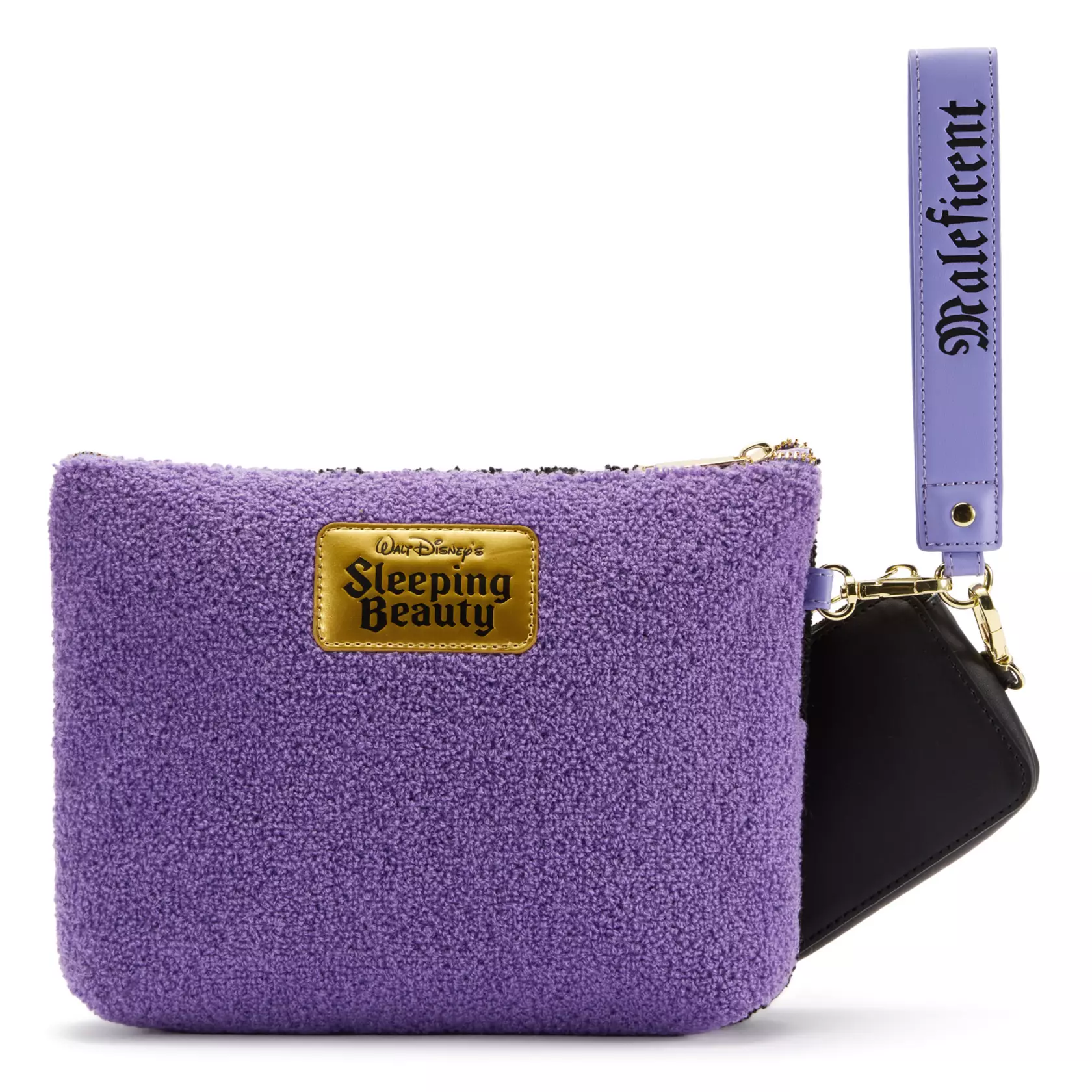 The Maleficent wristlet is similar, featuring a purple chenille exterior. Maleficent's face is on one side and a golden faux leather label is on the reverse.