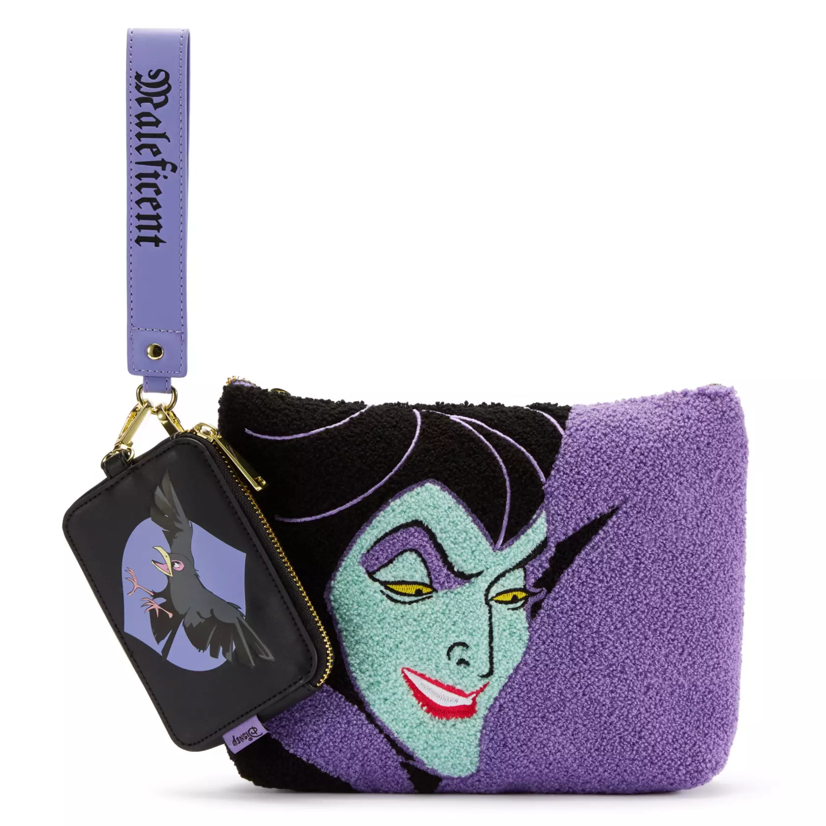 The Maleficent wristlet is similar, featuring a purple chenille exterior. Maleficent's face is on one side and a golden faux leather label is on the reverse.