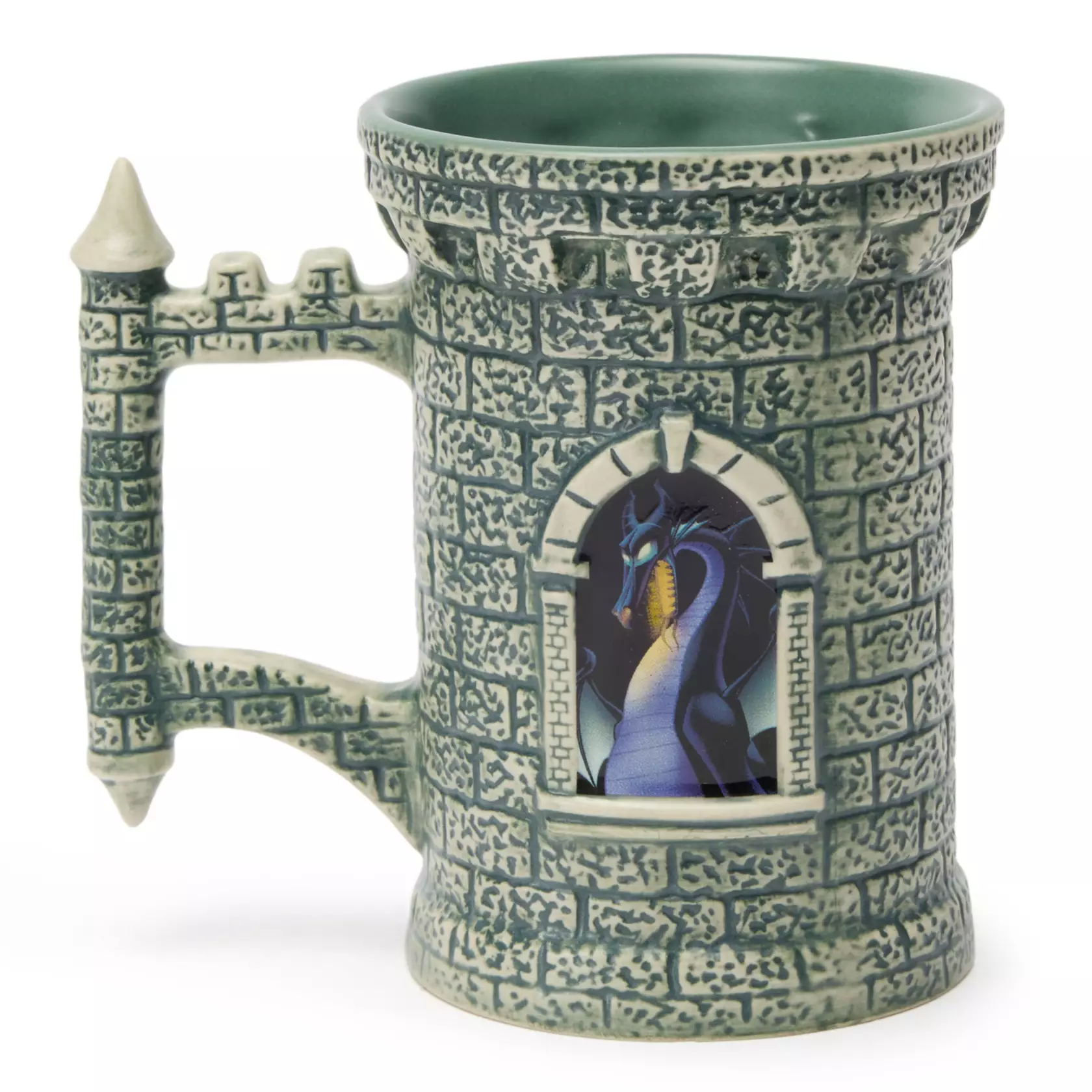 Another Maleficent mug resembles a castle tower. It's sculpted with stone details and a flying buttress handle. A window on one side showcases Maleficent in fairy form while her dragon form is in a window on the other side.