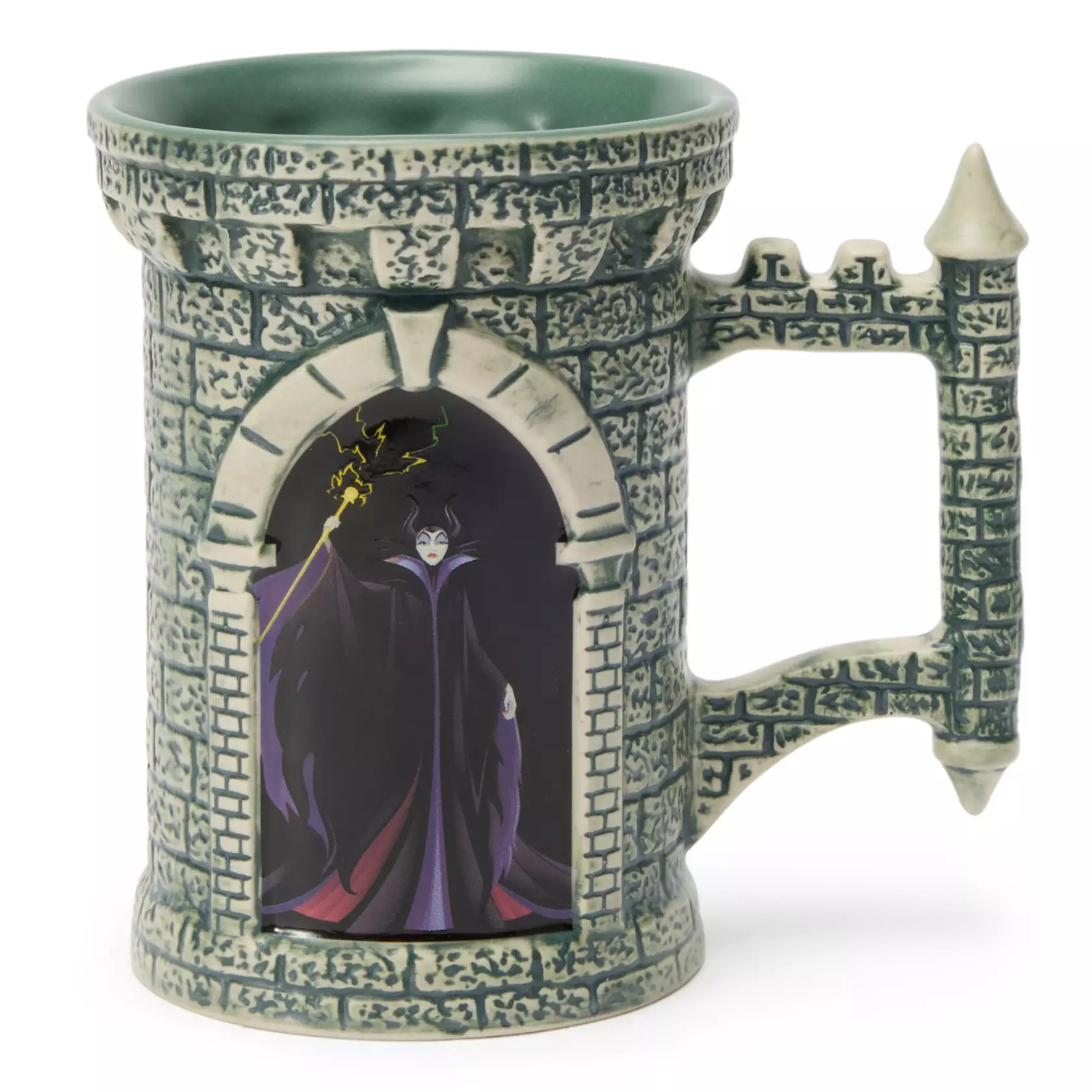Another Maleficent mug resembles a castle tower. It's sculpted with stone details and a flying buttress handle. A window on one side showcases Maleficent in fairy form while her dragon form is in a window on the other side.
