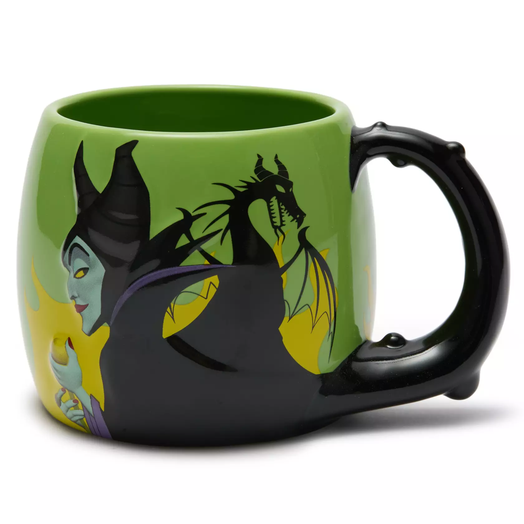This ceramic hot beverage mug features artwork of Maleficent in fairy and dragon forms. The background is green with yellow flames. The handle is black, sculpted like a dragon tail.