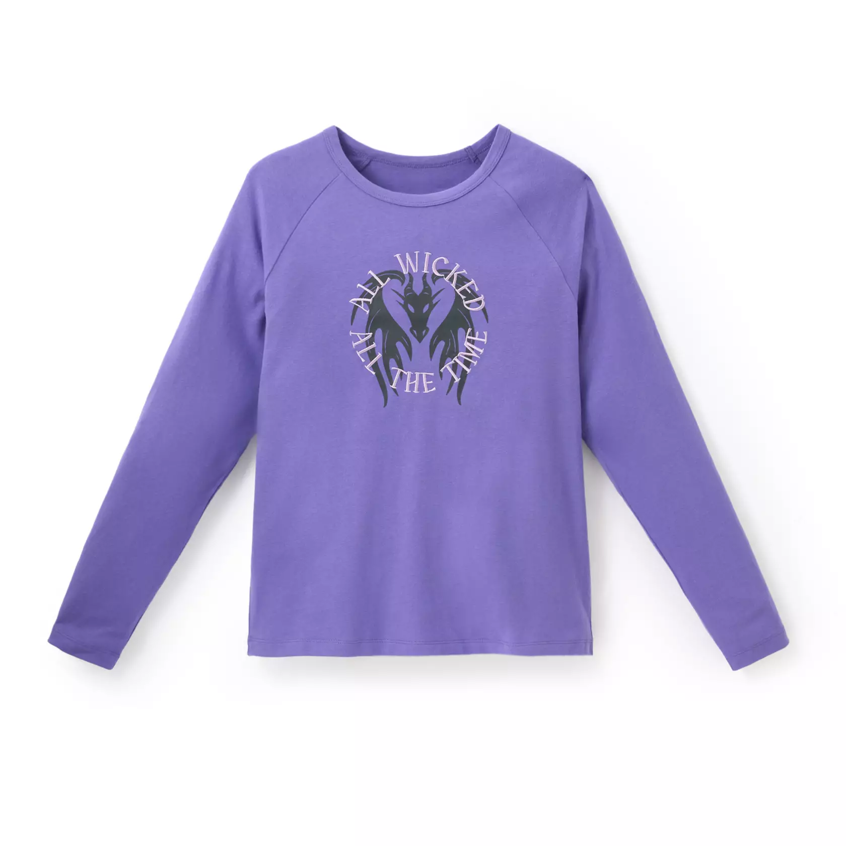 This tee is purple with "All Wicked, All the Time" embroidered in a circle on the front. Behind the words is a black icon representing Maleficent's dragon form.