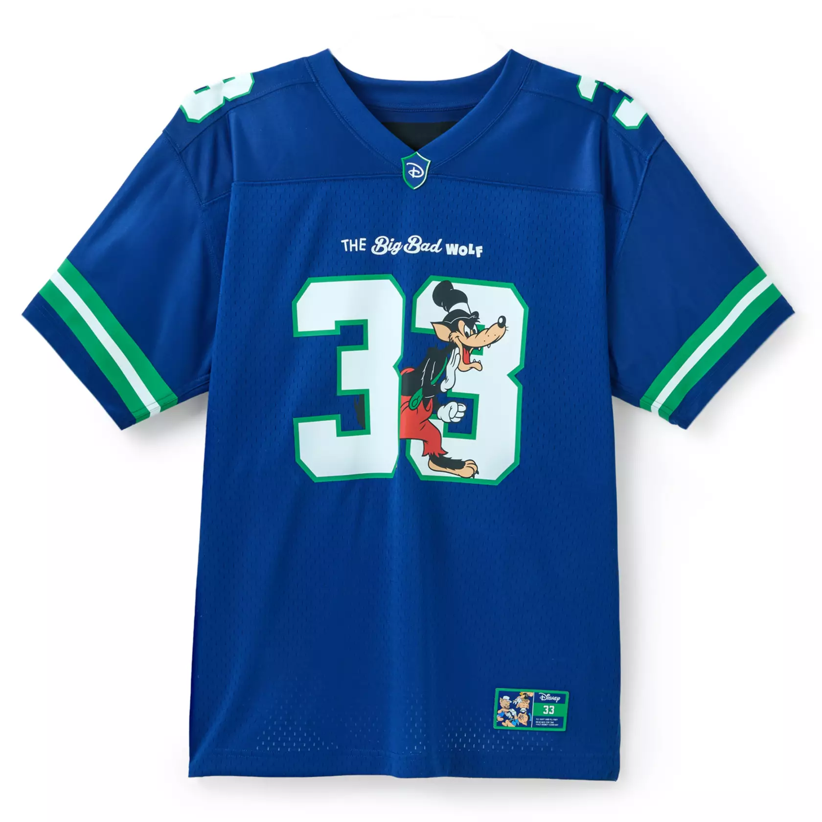 Classic villain The Big Bad Wolf from Disney's 1933 The Three Little Pigs is pictured with the number "33" on the front of this blue jersey. "The Big Bad Wolf" is above the number and across the back. The pigs are pictured on the back with the number "33," too. Green and white trim is on the sleeves. "33" is also on each shoulder.
