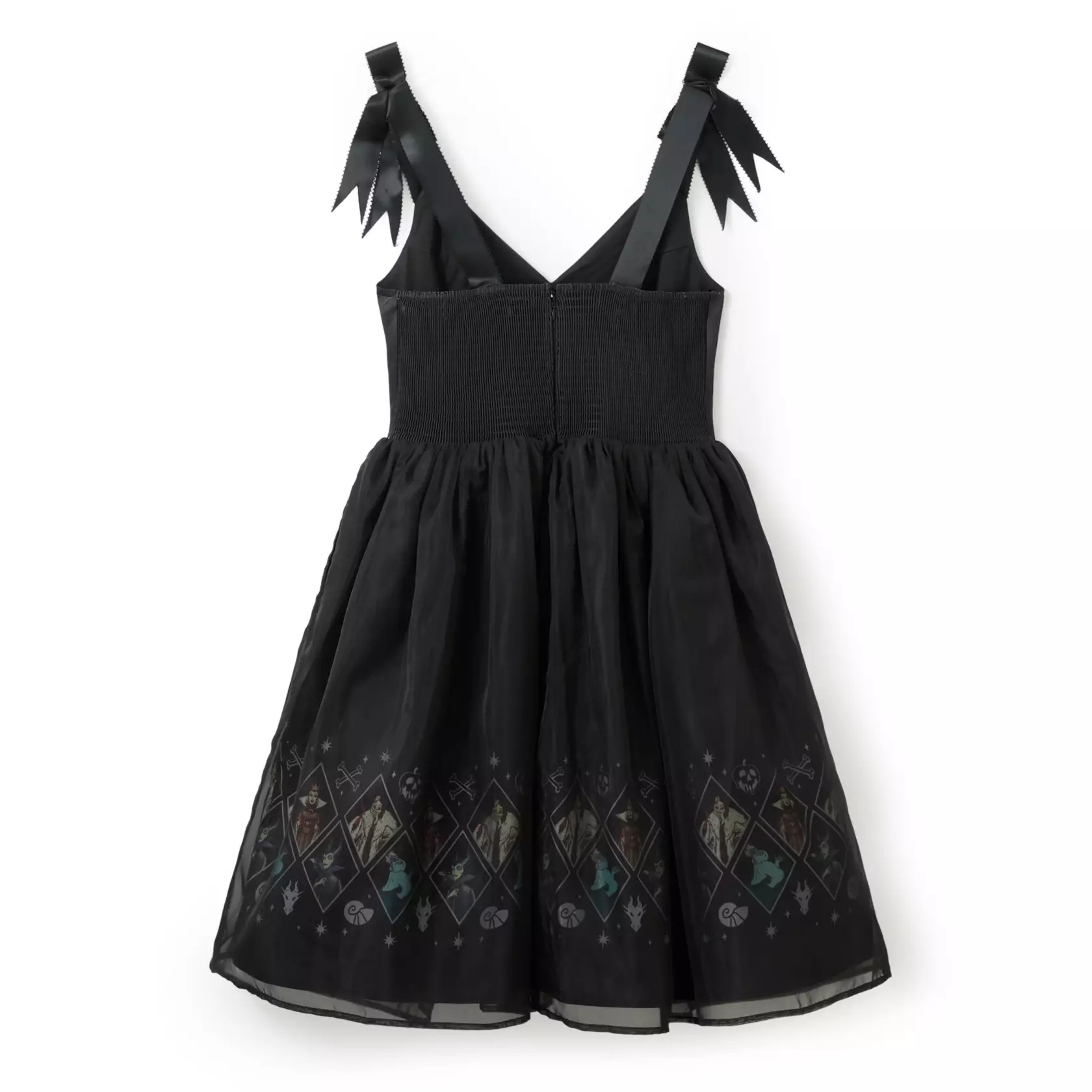 This black dress has a woven sateen bodice embroidered with stars and adorned with buttons. It has a smocked elastic back with an invisible zipper. The satin ribbon shoulder straps feature bow ties and picot edge trim.