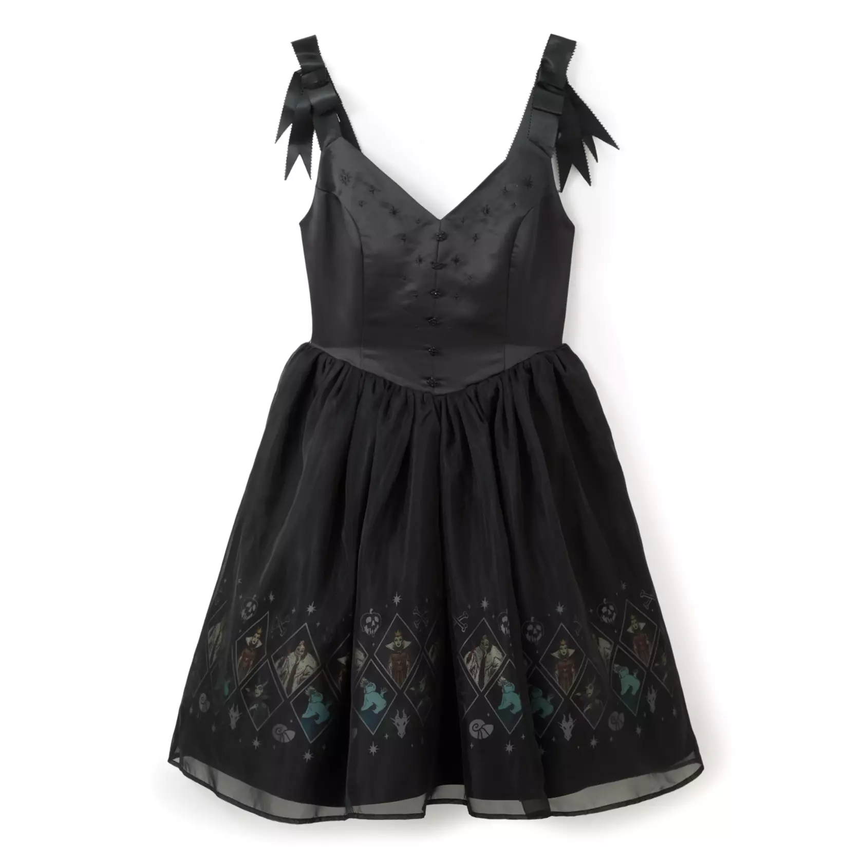 This black dress has a woven sateen bodice embroidered with stars and adorned with buttons. It has a smocked elastic back with an invisible zipper. The satin ribbon shoulder straps feature bow ties and picot edge trim.