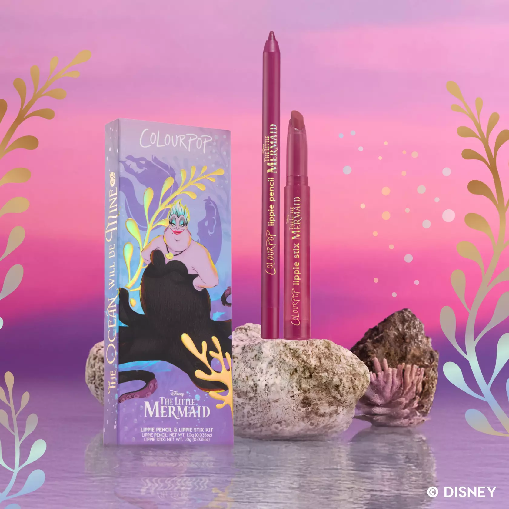 This vegan lip kit includes a matte mauve lip liner and lipstick. The "Poor Souls" Lippie Pencil is a deep red violet color while the "Villainous Ursula" Lippie Stix is a rich mauve color.
