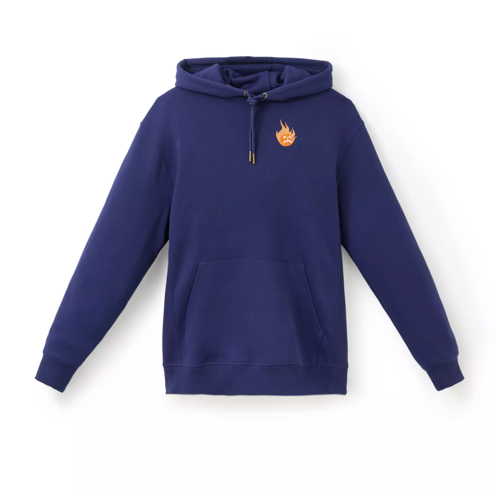 Full artwork of the Headless Horseman is on the back of this pullover with Disney's cursive "D" logo. His flaming pumpkin head is on the left chest. The pullover is dark blue with a kangaroo pocket and drawstring hood.