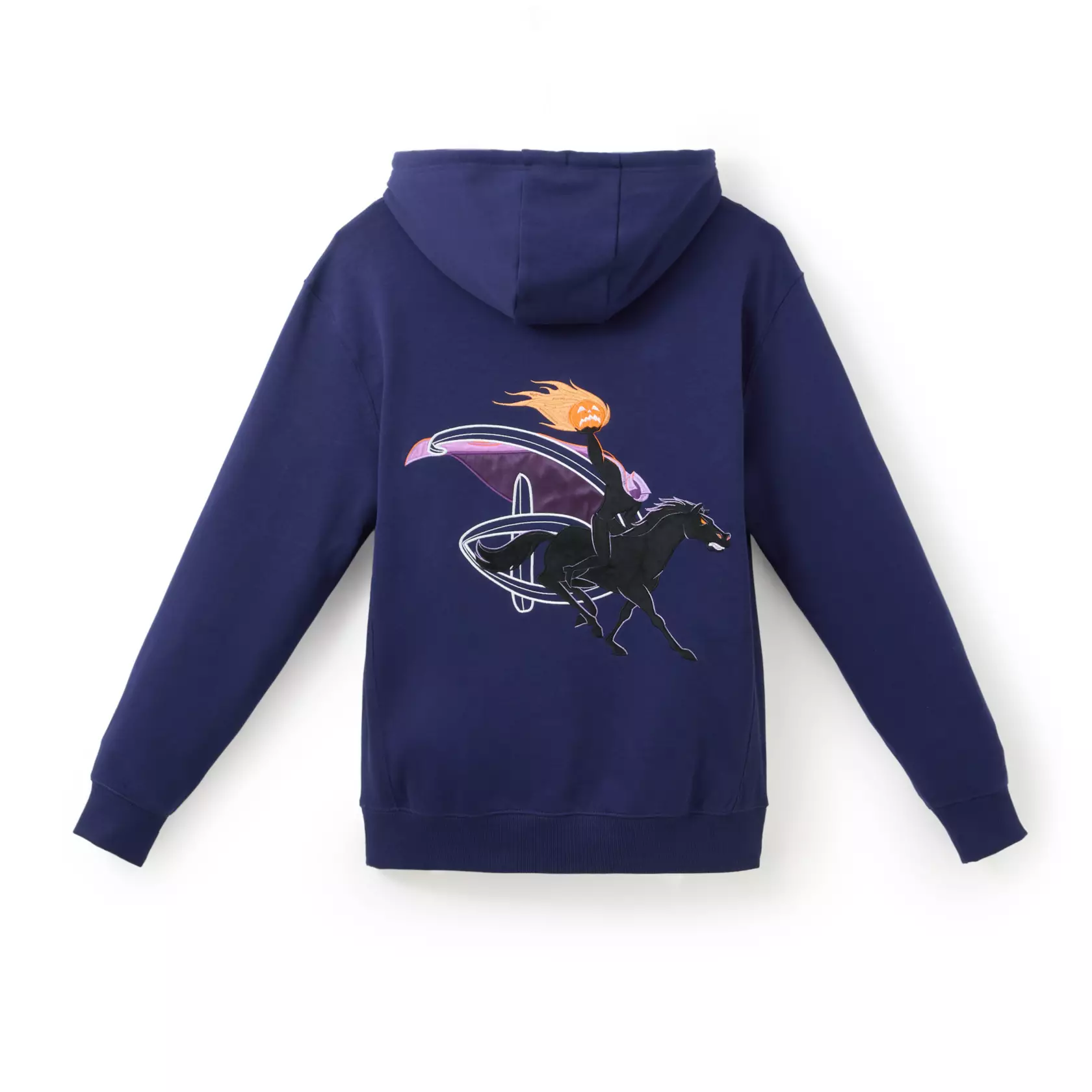 Full artwork of the Headless Horseman is on the back of this pullover with Disney's cursive "D" logo. His flaming pumpkin head is on the left chest. The pullover is dark blue with a kangaroo pocket and drawstring hood.