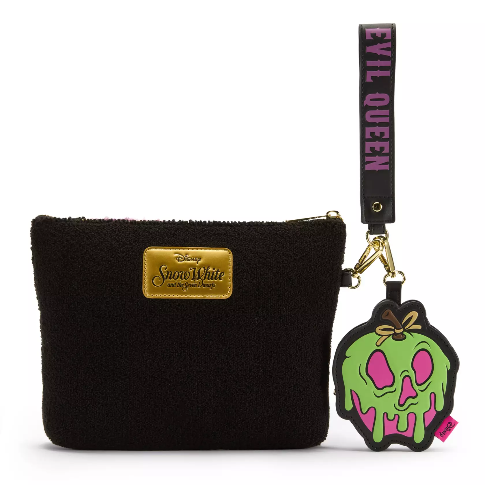 A purple portrait of the Evil Queen is on this black chenille bag. A golden simulated leather label with the Snow White and the Seven Dwarfs wordmark is on the back. It has a zip closure.