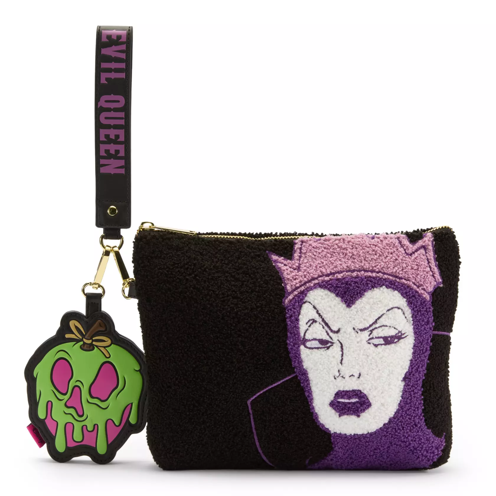 A purple portrait of the Evil Queen is on this black chenille bag. A golden simulated leather label with the Snow White and the Seven Dwarfs wordmark is on the back. It has a zip closure.