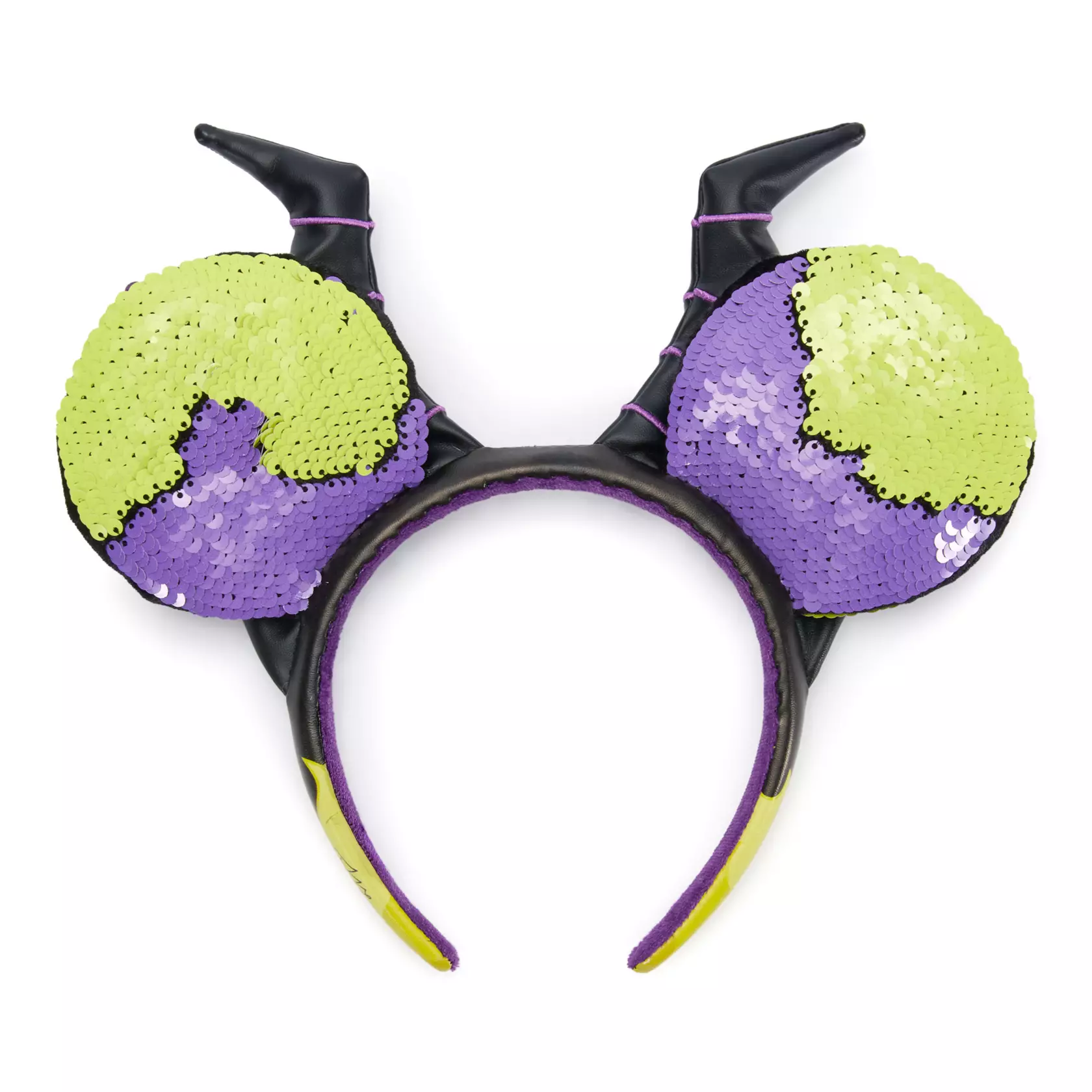 Faux leather horns are atop this headband, in front of the sequin-covered ears. The horns have embroidered purple striations. The two-color reversible sequins are purple and green.