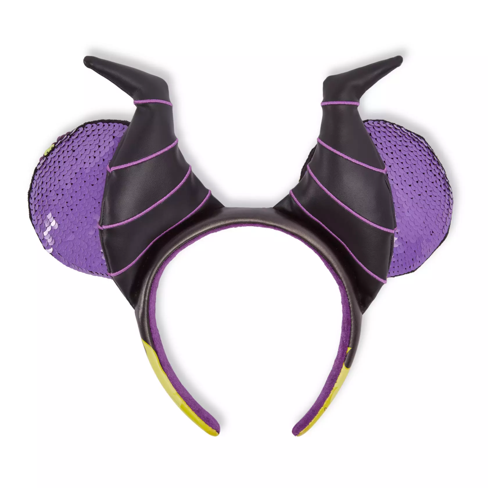 Faux leather horns are atop this headband, in front of the sequin-covered ears. The horns have embroidered purple striations. The two-color reversible sequins are purple and green.