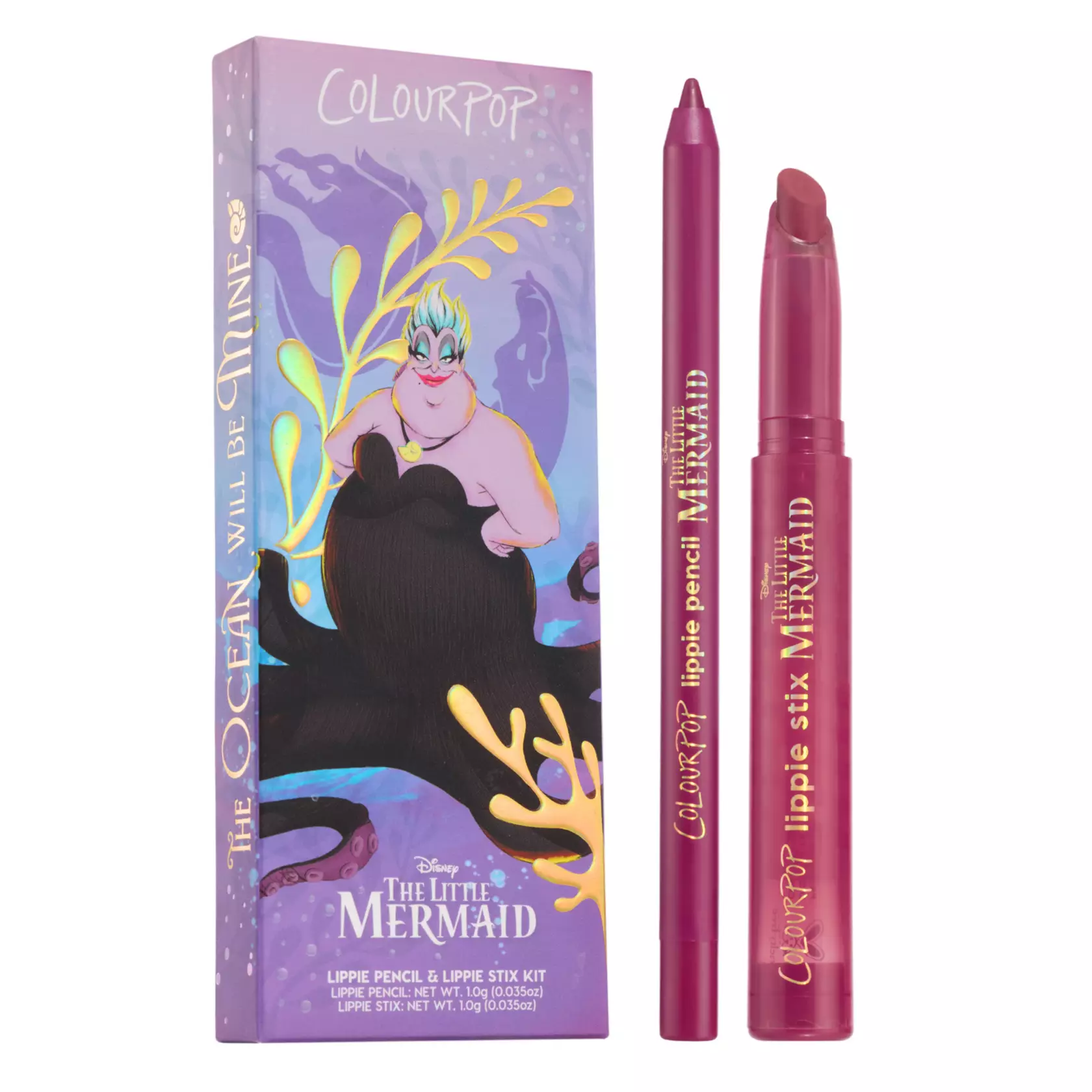 This vegan lip kit includes a matte mauve lip liner and lipstick. The "Poor Souls" Lippie Pencil is a deep red violet color while the "Villainous Ursula" Lippie Stix is a rich mauve color.