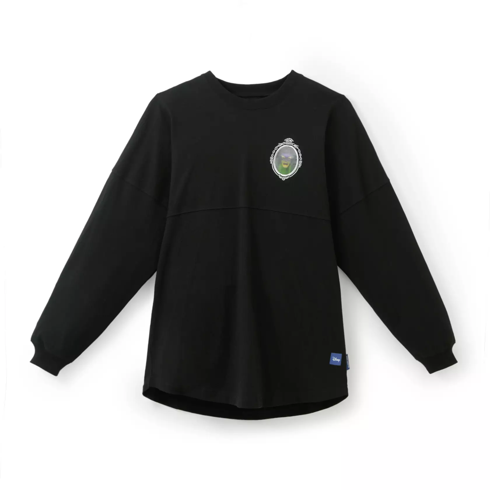 The Spirit Jersey is black with a small lenticular image of the Magic Mirror on the left chest. The Disney Villains wordmark is on the back. Also lenticular, it displays various villains amid green smoke.