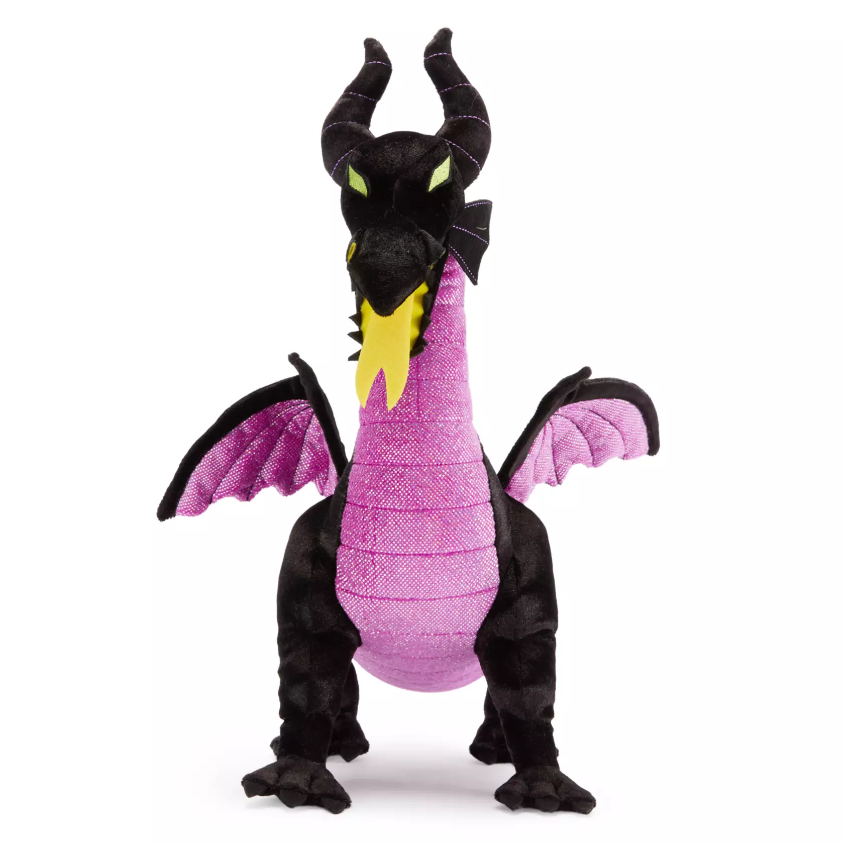 This Maleficent dragon plush is a restock from last year. She's mostly black with a sparkly pink belly and underwings. Her yellow tongue sticks out and she has lime green eyes.