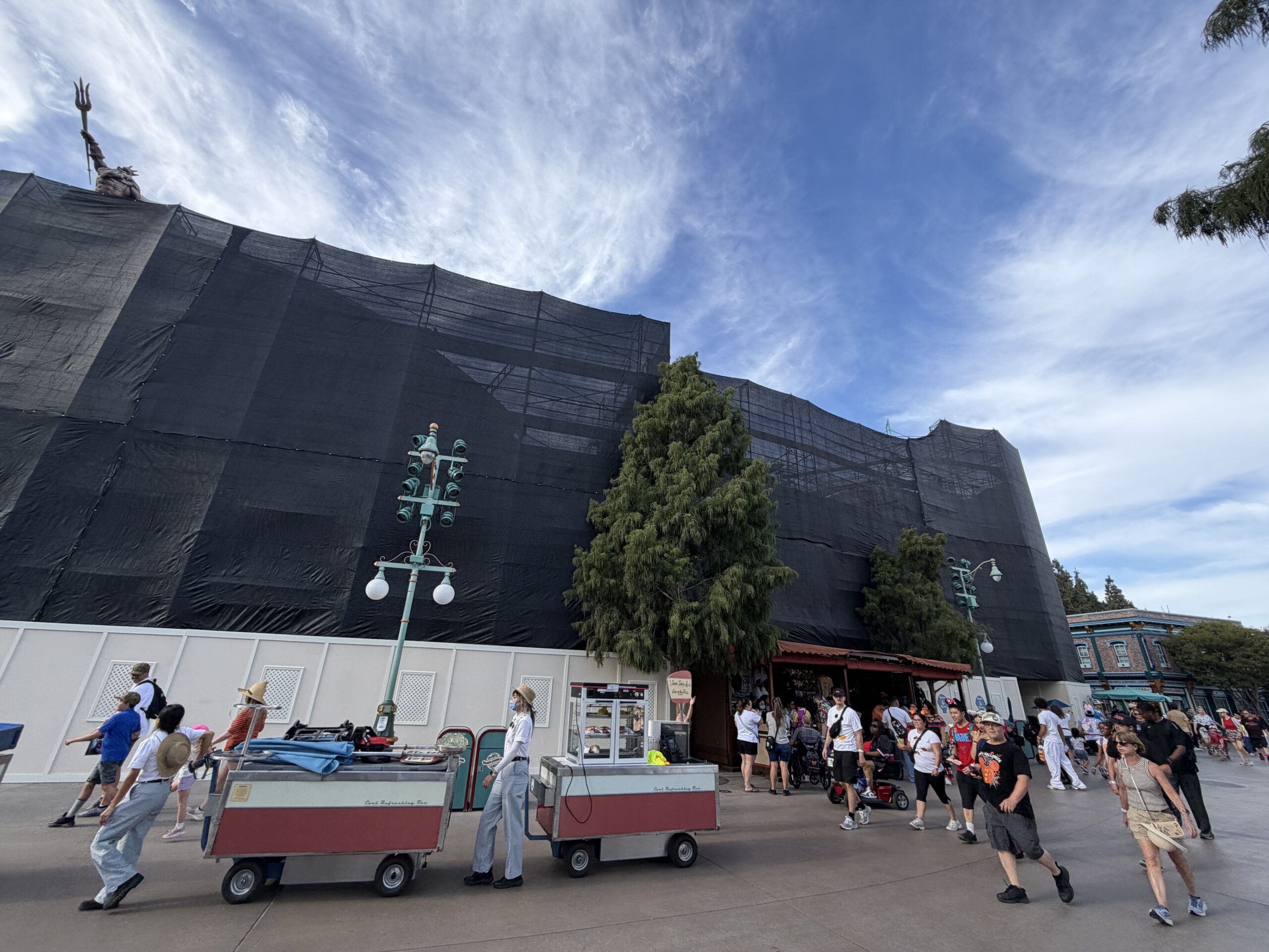 The Little Mermaid ~ Ariel’s Undersea Adventure at Disney California Adventure is completely surrounded by construction walls, scaffolding, and black scrims.