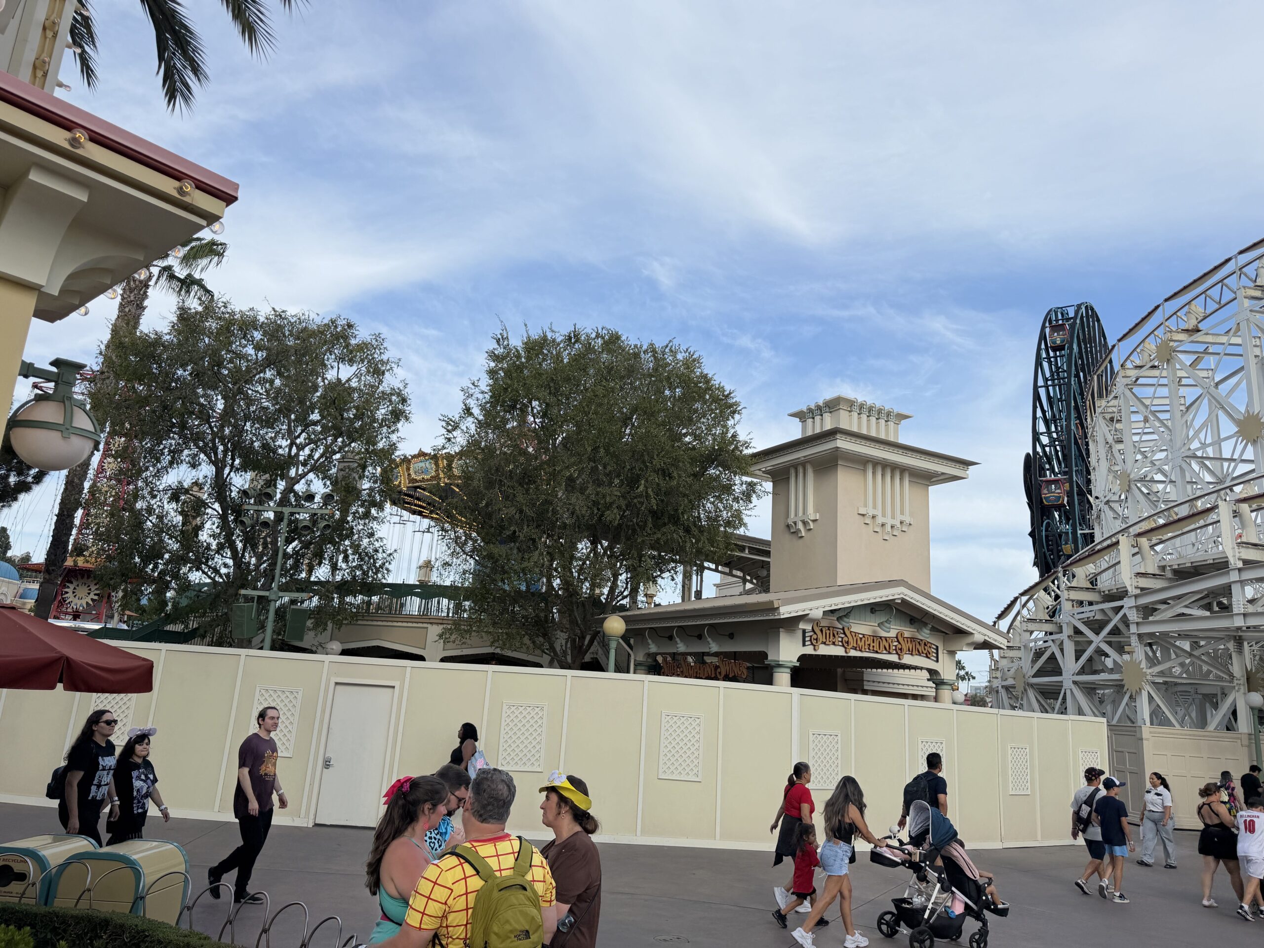 Construction walls still stand around the Silly Symphony Swings Entrance, preventing access to the queue. 