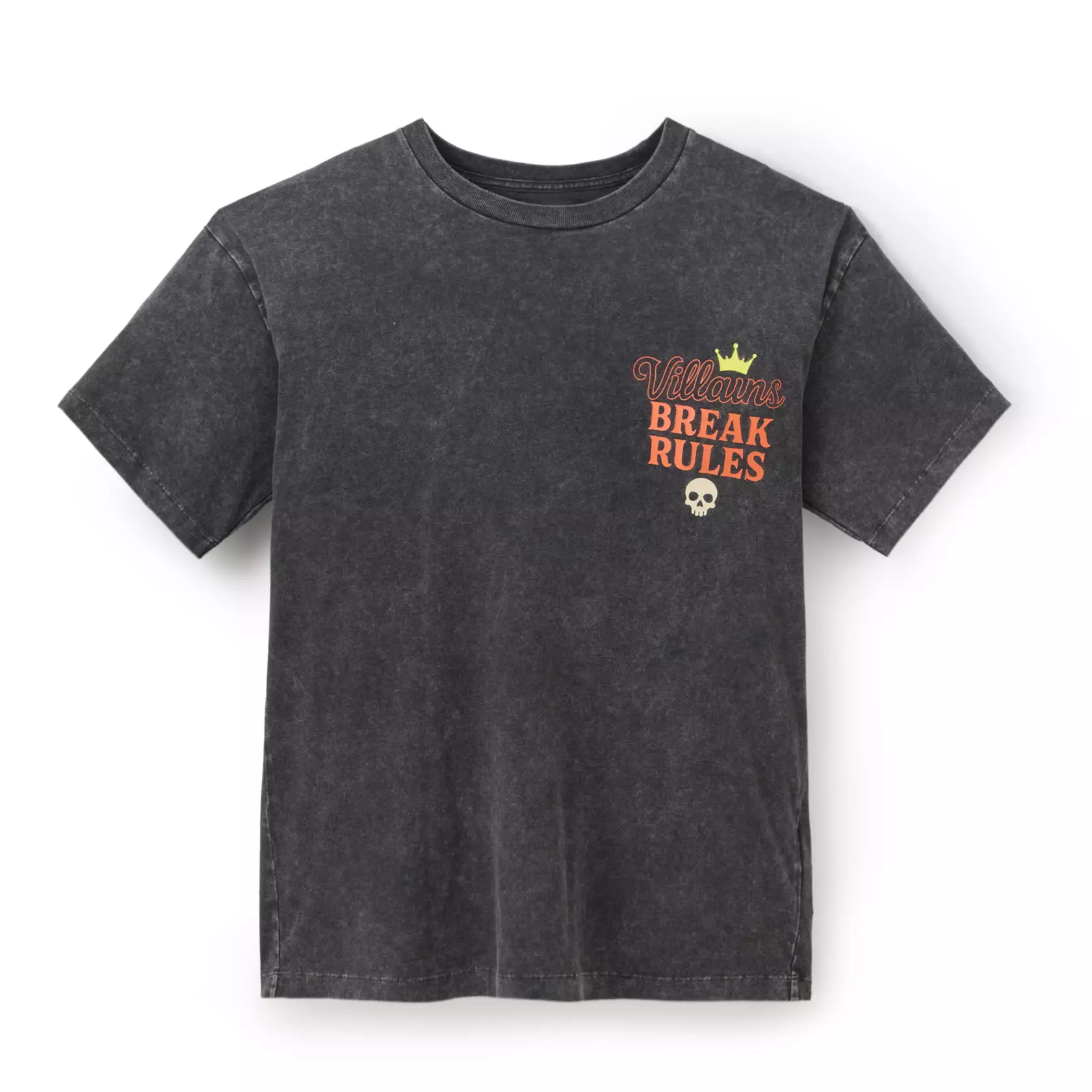 "Villains Break Rules" is on the left chest of this tee with a crown and skull. ON the back is artwork of Hades and Scar in the "Evil Circus." They're accompanied by icons like the Fates' eyeball and quotes.