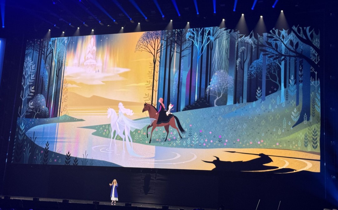 Frozen 3 concept art of Anna and Elsa on horseback. Olaf is riding with Anna as a shadowy figure is on the water nearby.