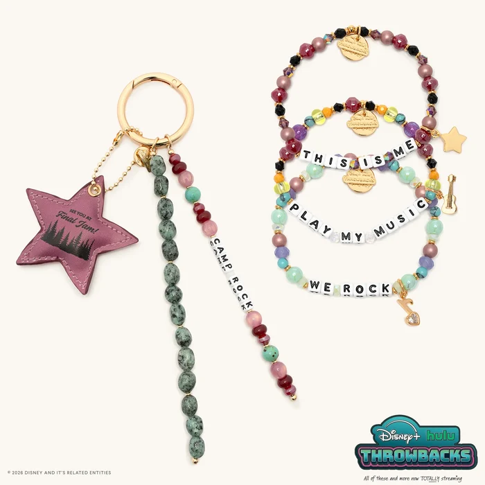 If you want the entire Camp Rock set, a bundle including the Camp Rock bag charm and three bracelets ("THIS IS ME," "PLAY MY MUSIC," and "WE ROCK") is available for purchase.