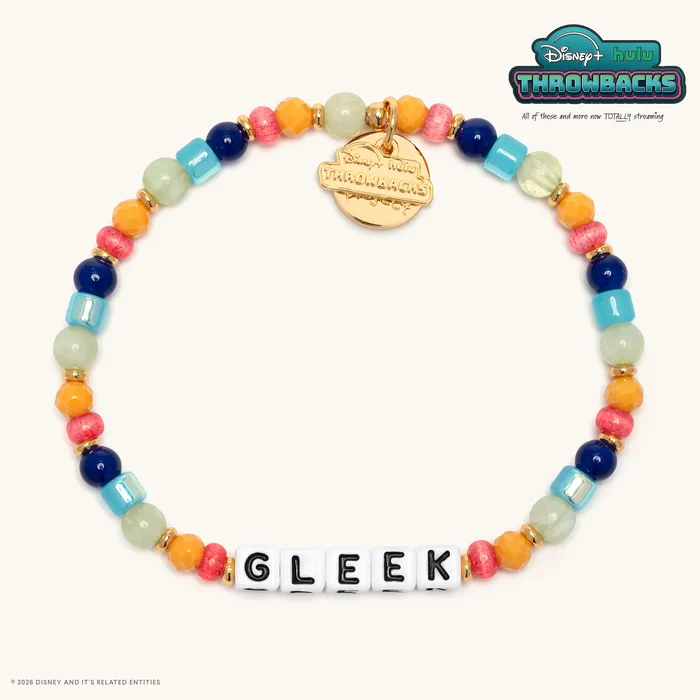 The last bracelet in the collection has red, orange, green, and blue beads with "GLEEK" spelled out with white letter blocks. The bracelet does not come with an additional charm like the others in the collection.