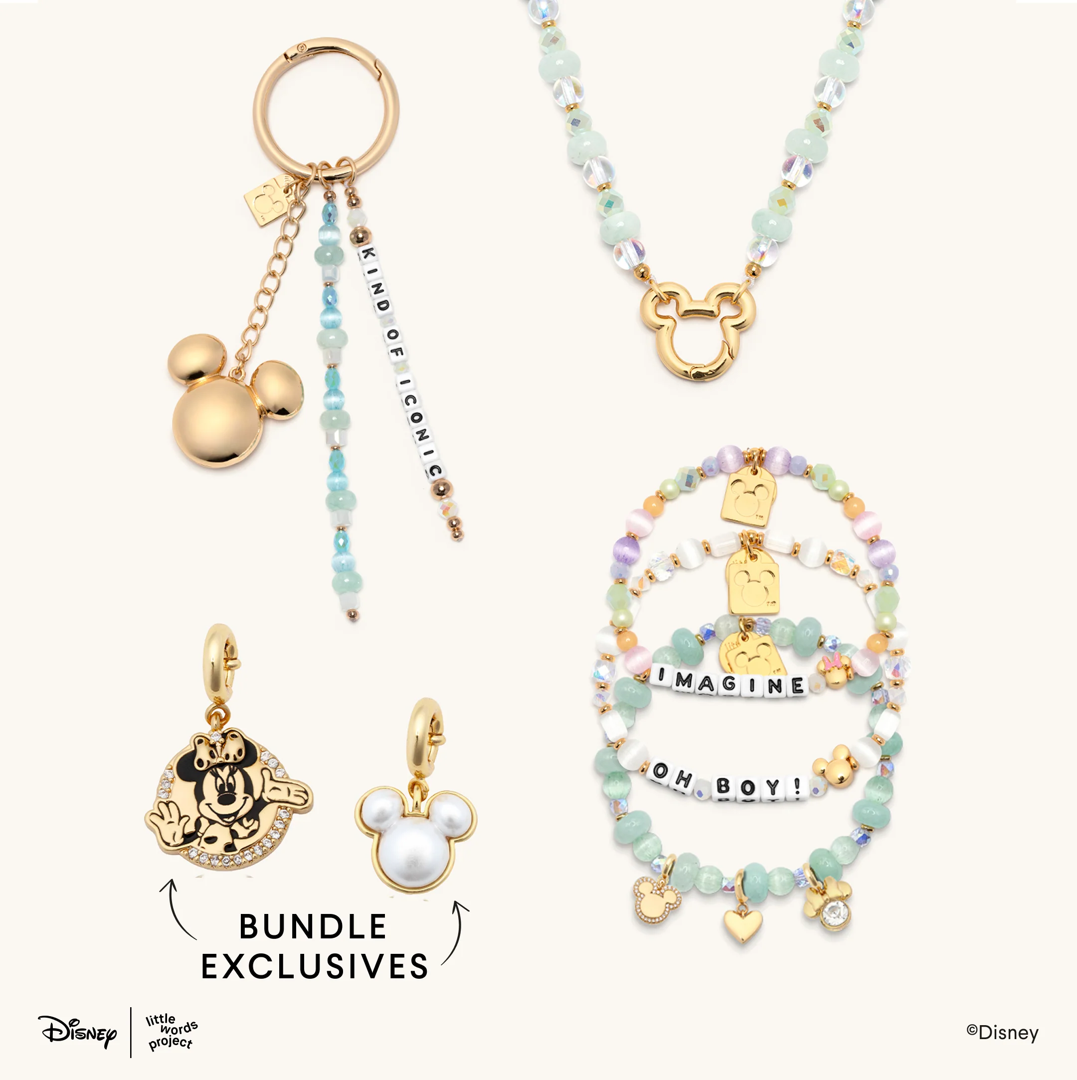 Those wanting more items from the collection can purchase a bundle of the Kind of Iconic bag charm, Founding Icons necklace, and three bracelets - "OH BOY!", "IMAGINE," and the Mickey and Minnie charm bracelet. Two exclusive charms depicting Minnie Mouse and a white Mickey head are included with the bundle as well.