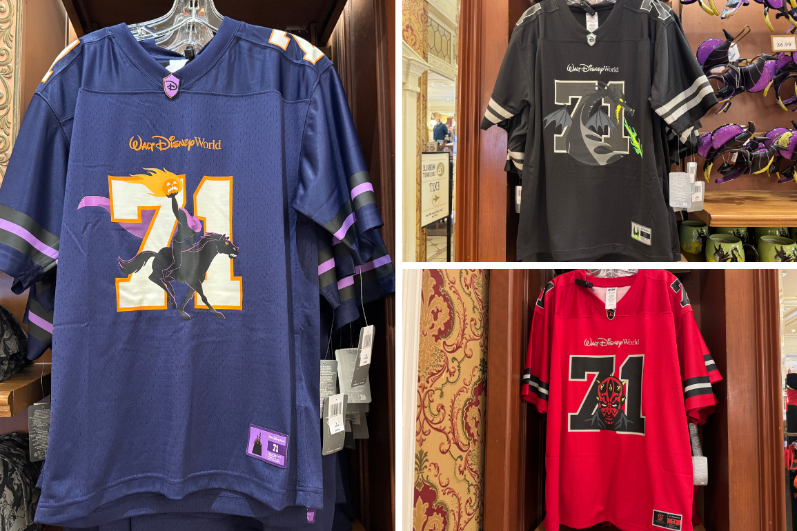 The Headless Horseman, Maleficent, and Darth Maul are featured on villainous football jerseys available at Walt Disney World.