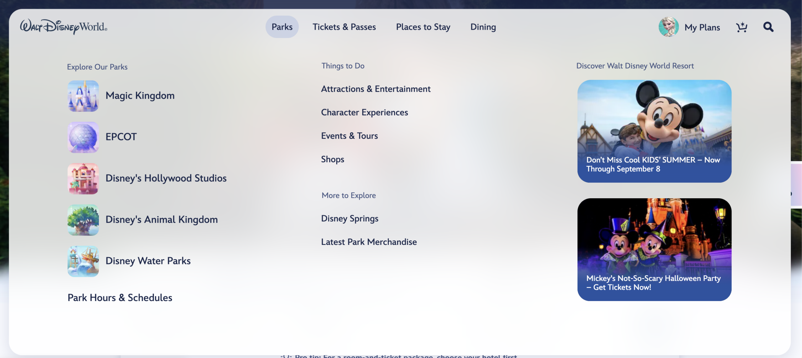 Walt Disney World website navigation menu