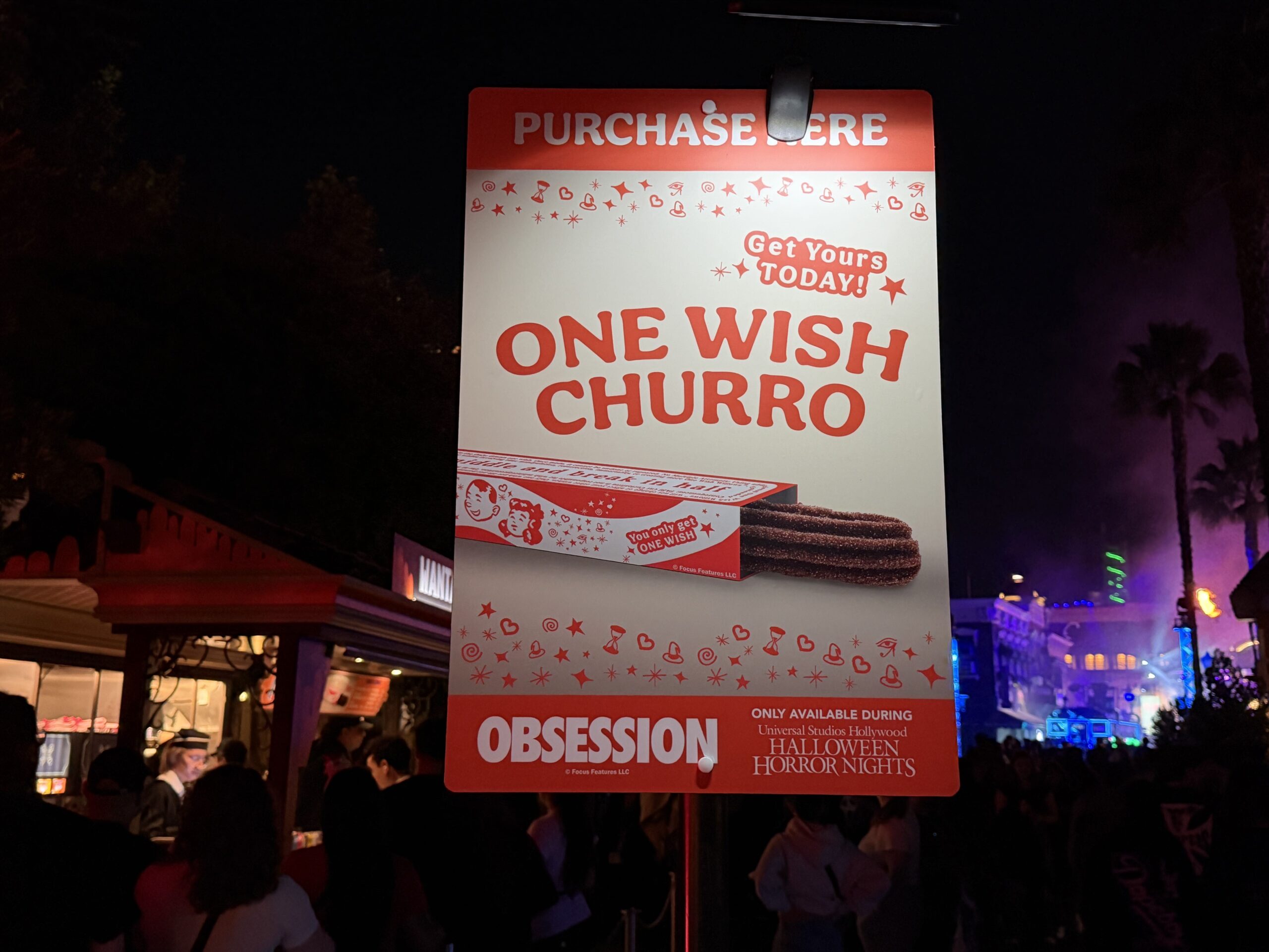 The One Wish churro, inspired by the film Obsession and a play on the One Wish Willow, is available exclusively at Universal Studios Hollywood for Halloween Horror Nights.